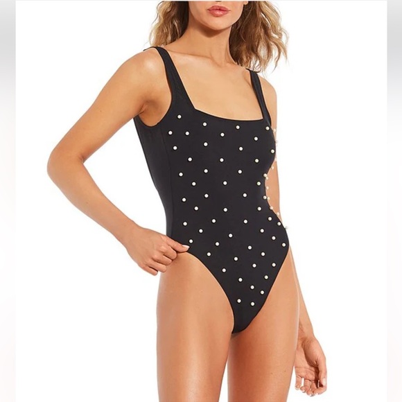 NWT Antonio Melani Solid Pearl Embellished Square Neck Low Back 1 Piece Swimsuit - Picture 2 of 11